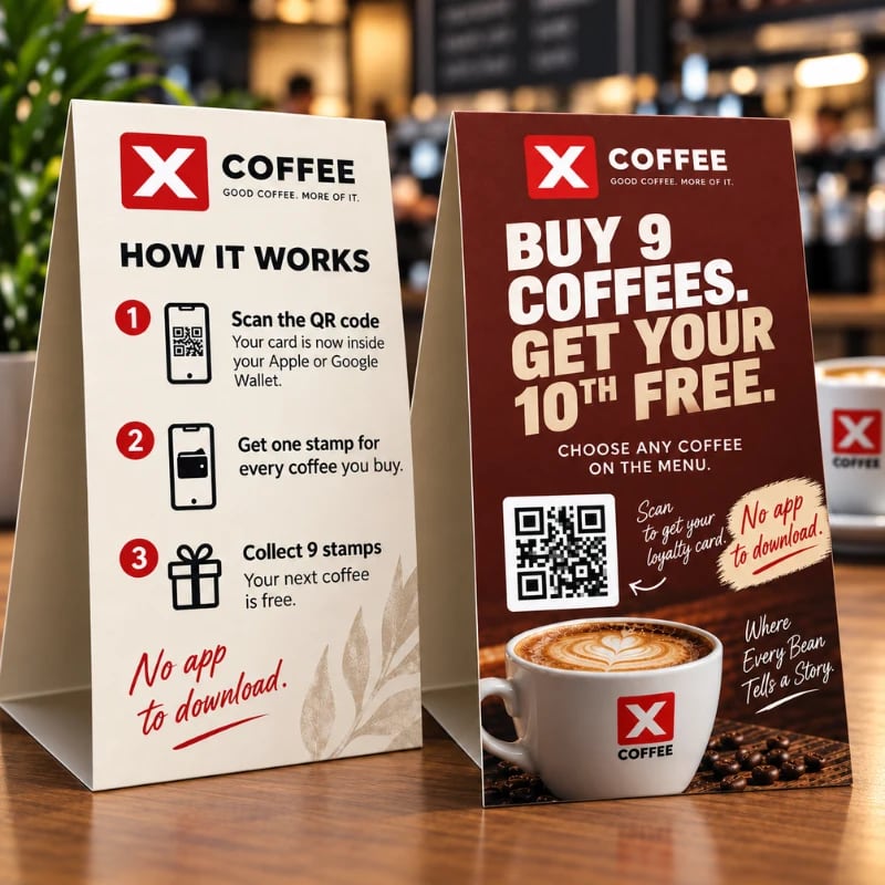 Two printed table talkers on a coffee shop table showing how to scan the QR code and join the reward program