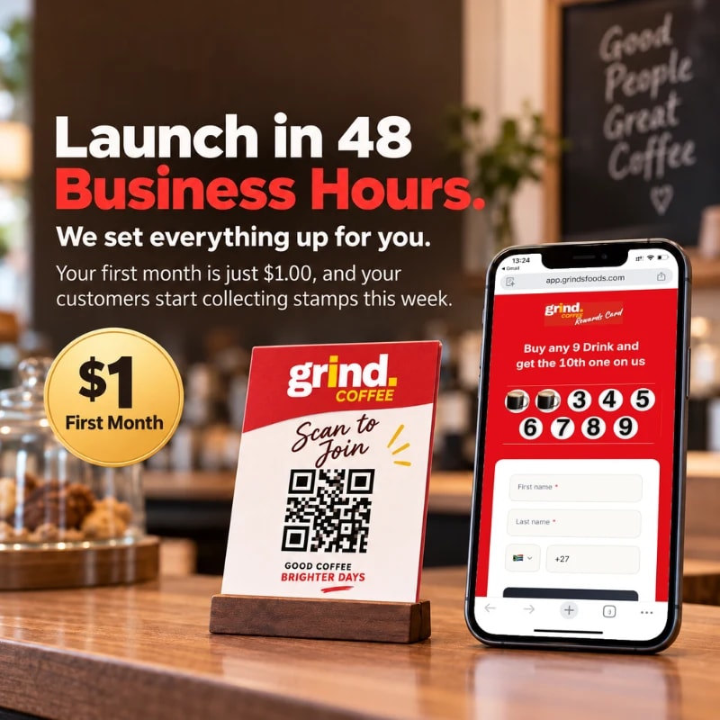 Coffee shop counter with a Scan to Join QR stand beside a phone showing the shop's own branded rewards card, captioned: launch in 48 business hours, first month $1.00