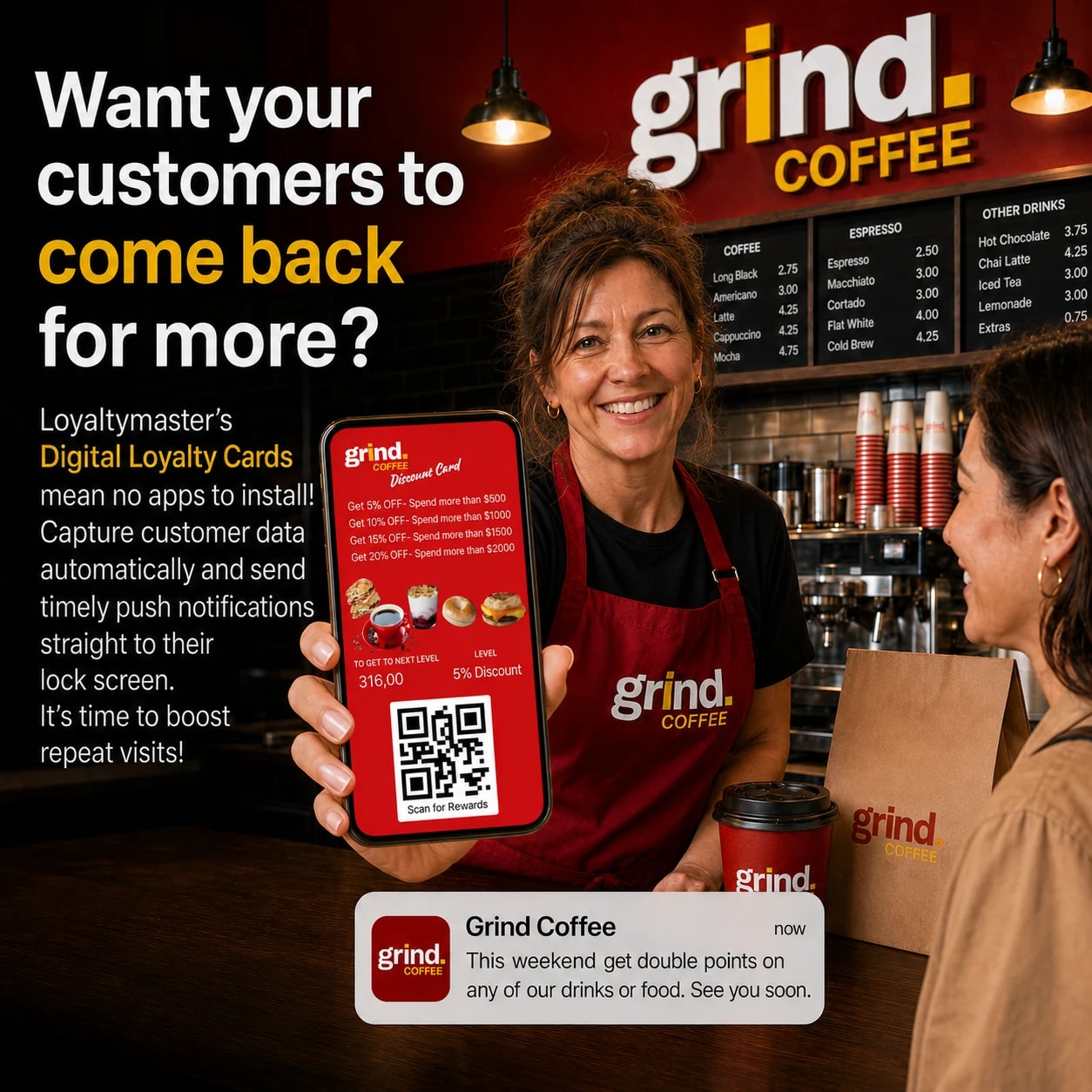 Barista holding a phone showing a branded digital loyalty card, beside the headline "Want your customers to come back for more? Loyaltymaster's Digital Loyalty Cards mean no apps to install"