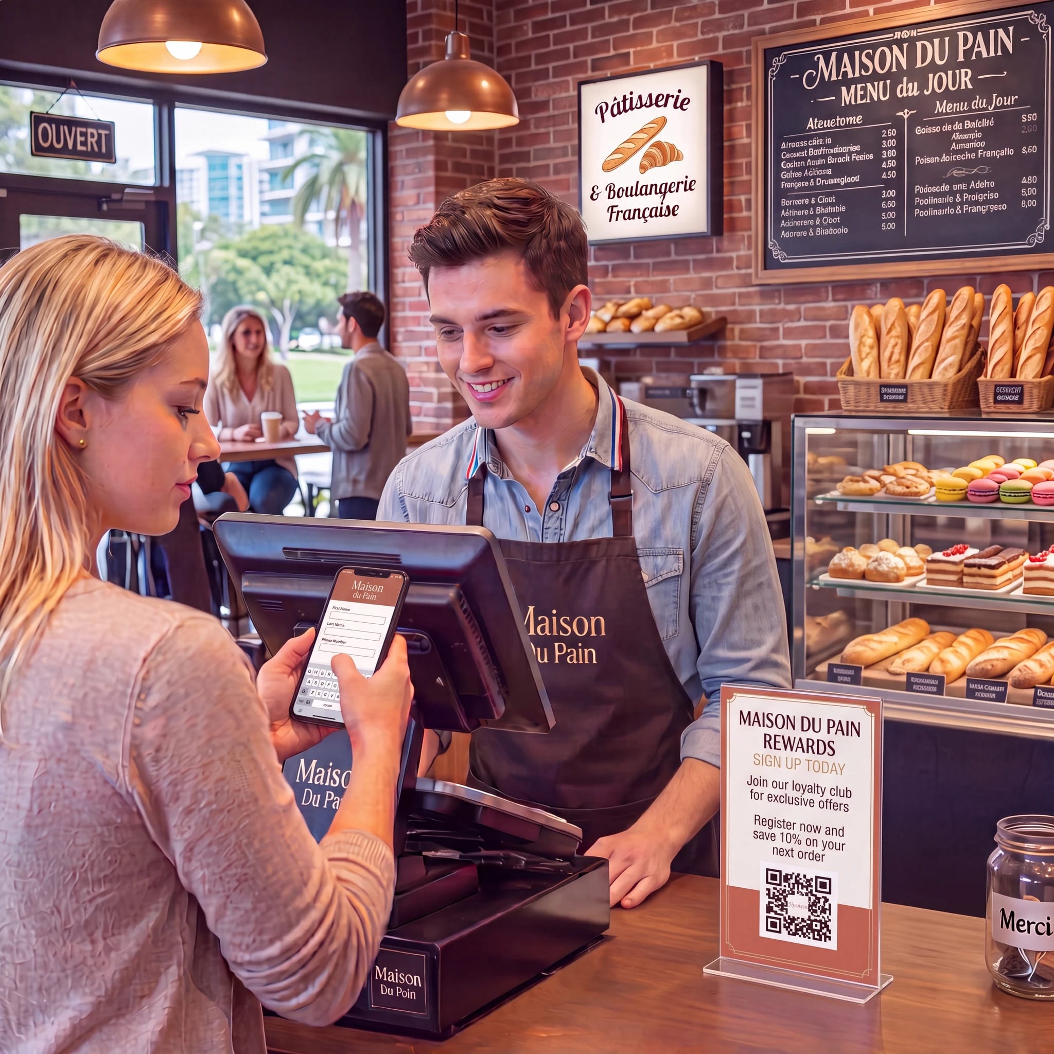 Bakery customer signing up for the rewards program on her phone at the counter QR stand