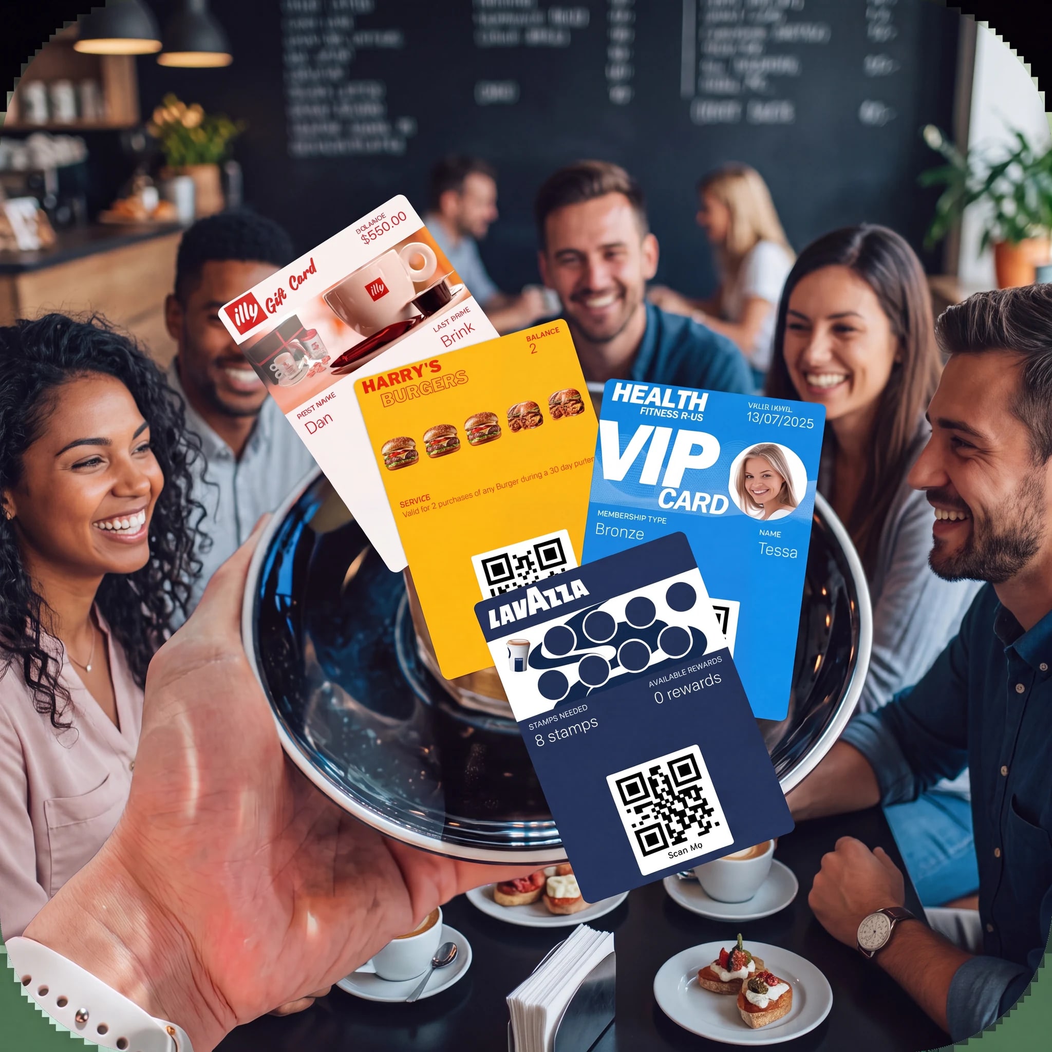 Waiter presenting a tray of branded digital gift, stamp, burger and VIP membership cards to smiling customers