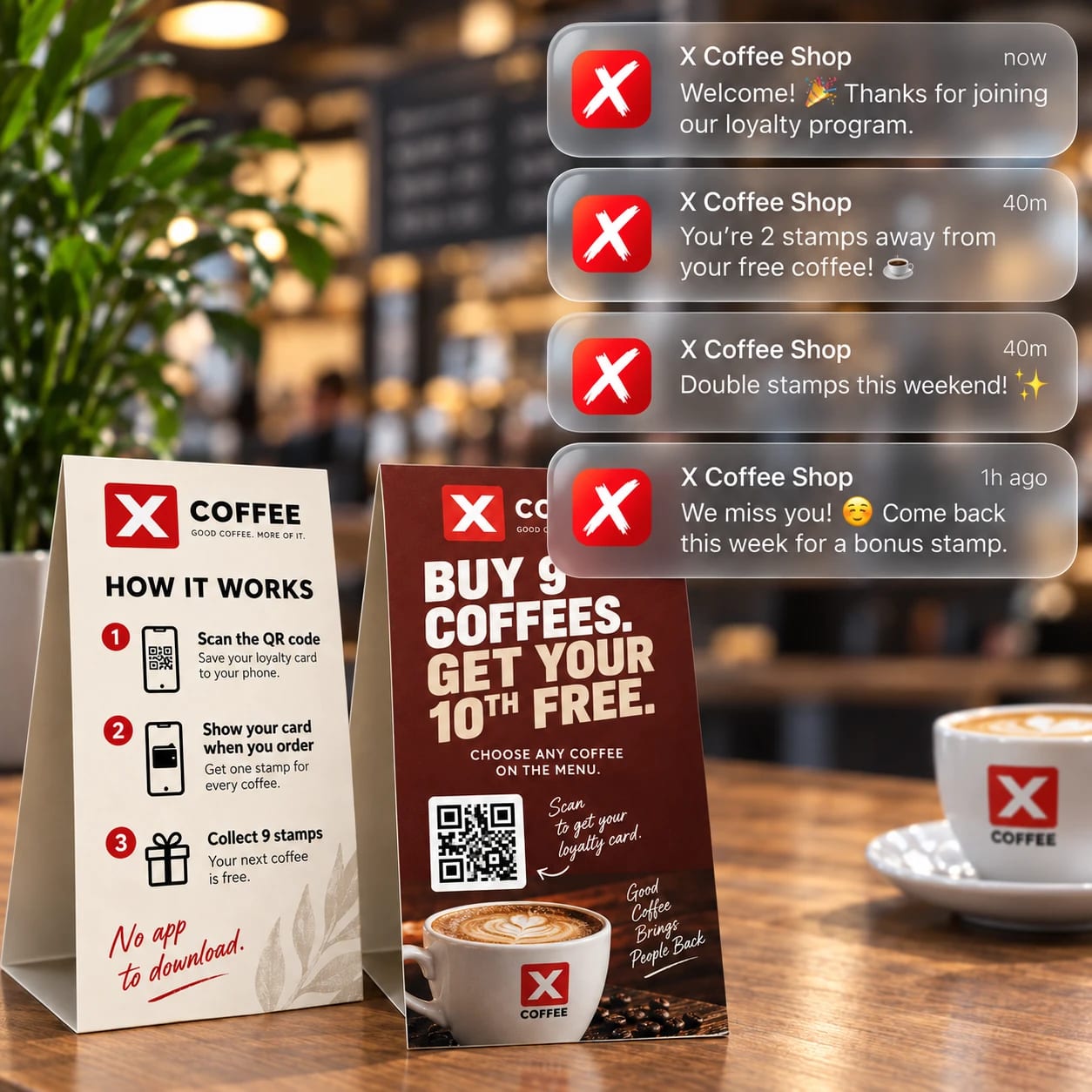 Two coffee shop table signs, one explaining how to join a digital stamp card by QR code and one offering buy 9 coffees, get your 10th free, beside four loyalty push notifications from the shop