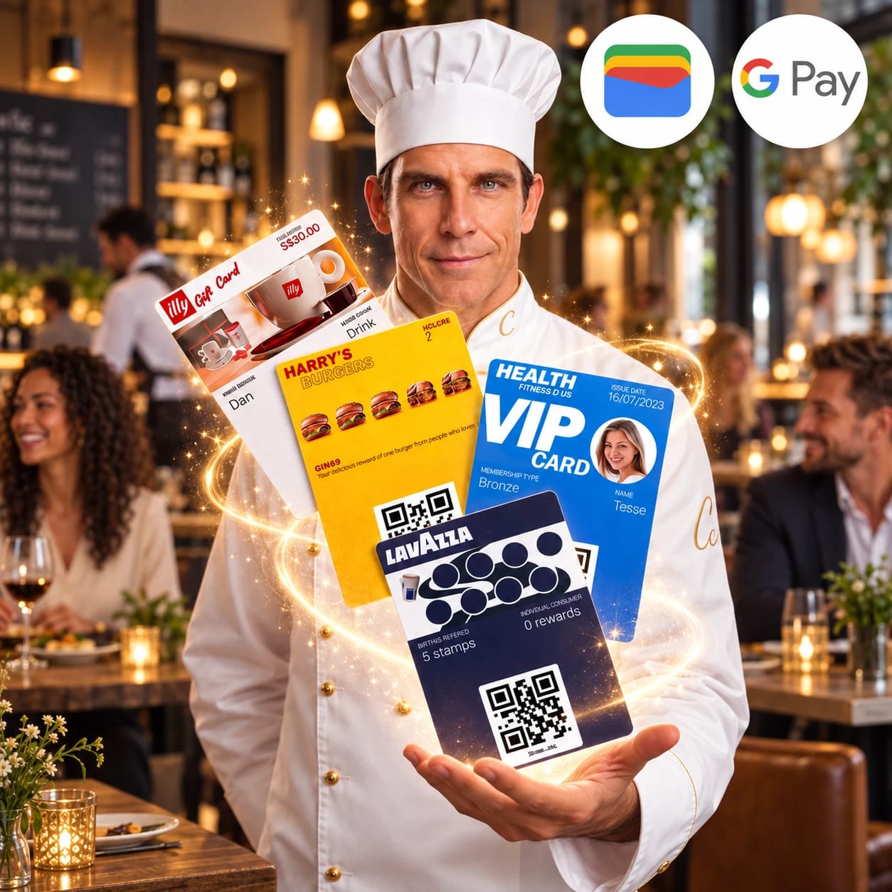 Chef in a busy restaurant holding out four digital cards: a gift card, a burger stamp card, a VIP membership card and a coffee stamp card