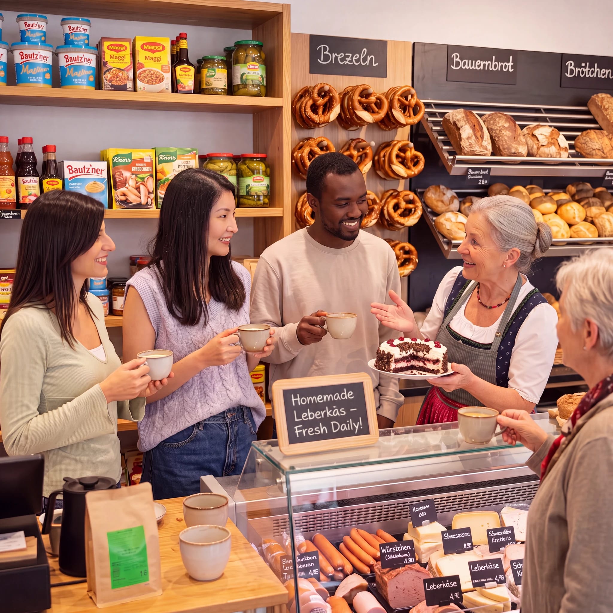 Regular customers chatting with the owner over coffee and cake in a neighbourhood bakery