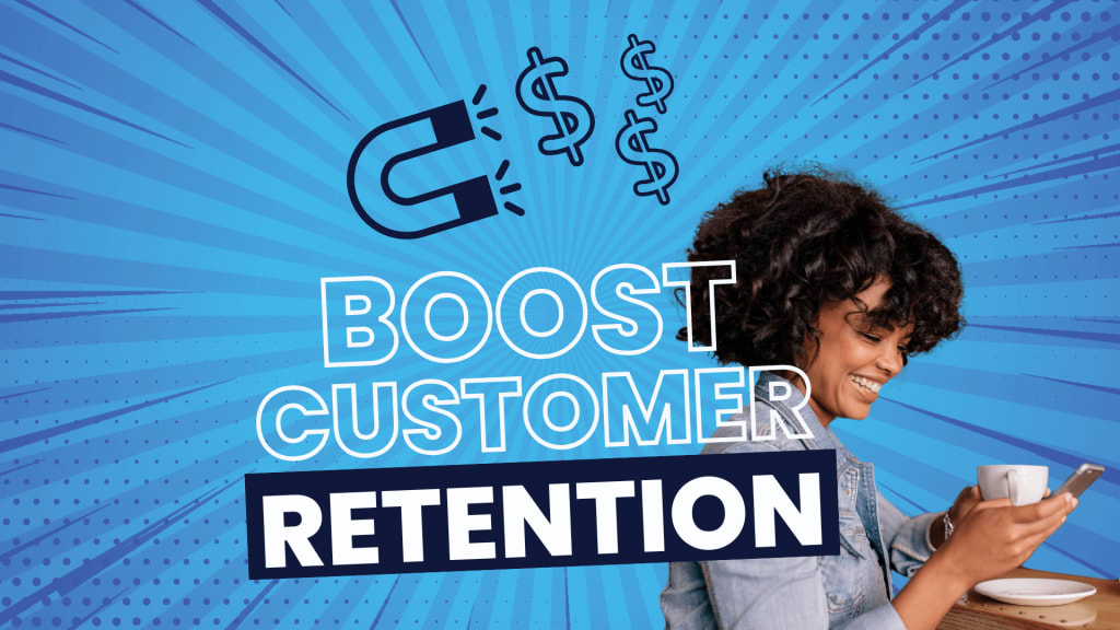 A woman smiles at her phone, with a magnet and dollar signs in the background, highlighting how digital loyalty programs can boost customer retention.
