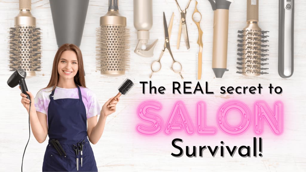 Woman in a salon apron holding a hairdryer and brush, standing in front of various salon tools with the text: "The REAL secret to SALON Survival - join our Salon Loyalty Program!.