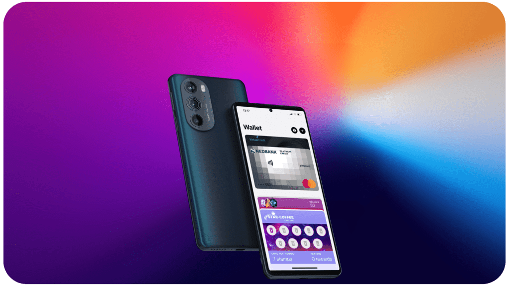 A smartphone displaying a digital wallet application focusing on a digital loyalty program, set against a colorful abstract background for enhanced customer engagement.