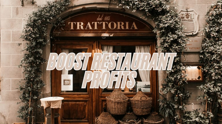 Old restaurant entrance with plants and wicker baskets, overlaid text: "Boost Restaurant Profits with a loyalty card for restaurant patrons.