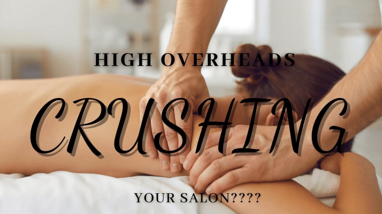 Person receiving a back massage with overlaid text: "High overheads crushing your salon? Try salon loyalty programs to boost revenue and keep clients coming back!.