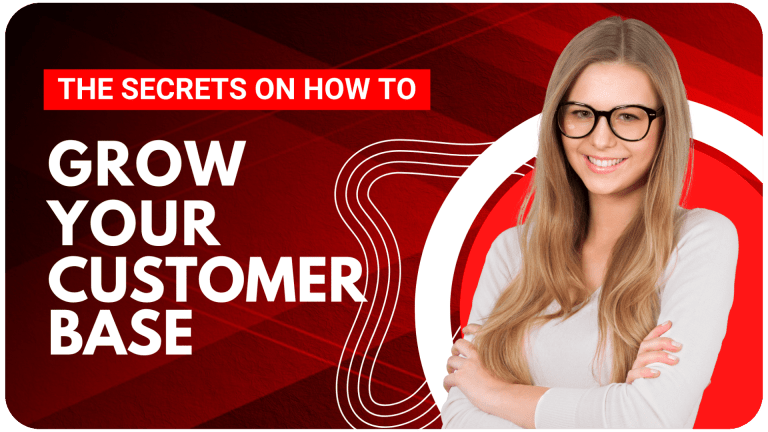 Smiling woman with glasses on a promotional graphic about growing your customer base through fun loyalty programs.