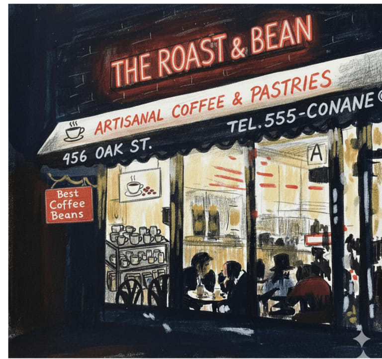 Illustration of a cozy coffee shop called "The Roast & Bean" at night, with warm light glowing inside, people sitting at tables, and signs advertising artisanal coffee, pastries, and "Best Coffee Beans" at 456 Oak St.