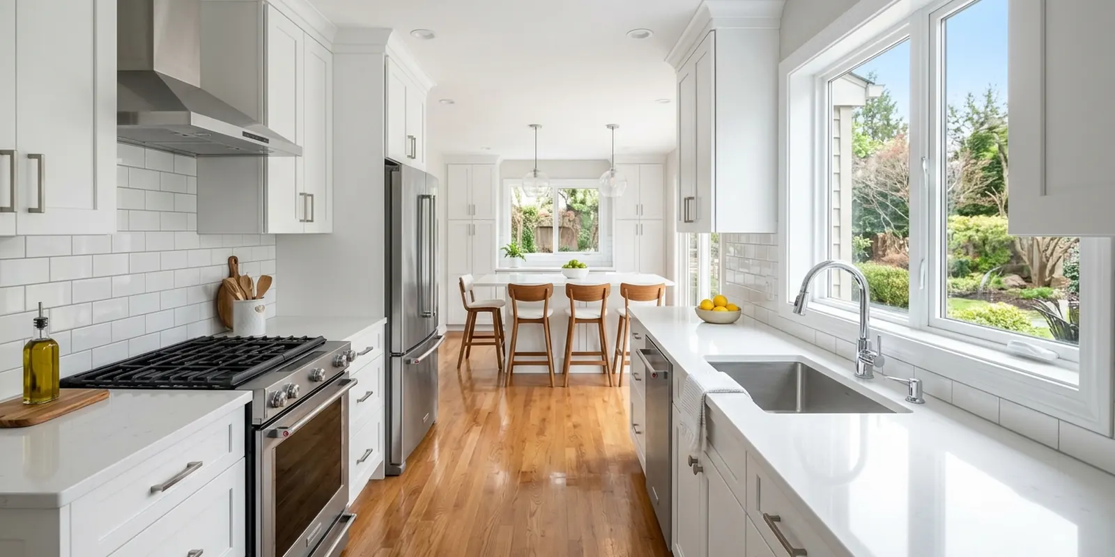 Deep cleaned residential kitchen, sparkling counters