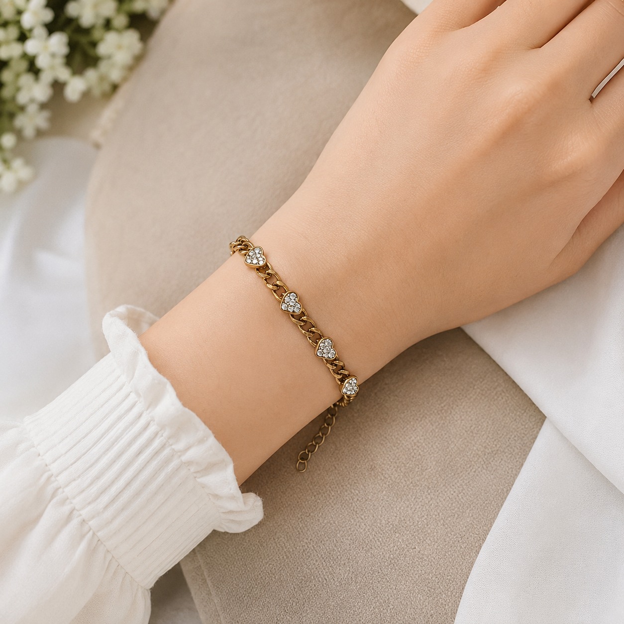 White Heart Crystal Curb Chain Bracelet  - Stainless Steel