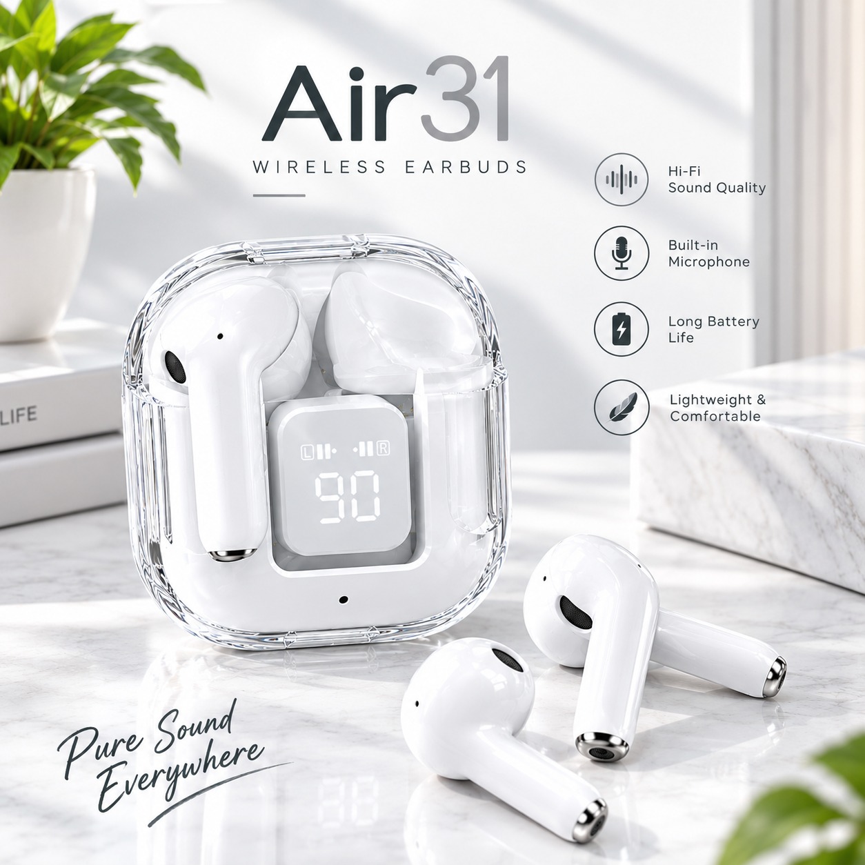 Air 31 Wireless Earbuds – Transparent Charging Case with LED Battery Display