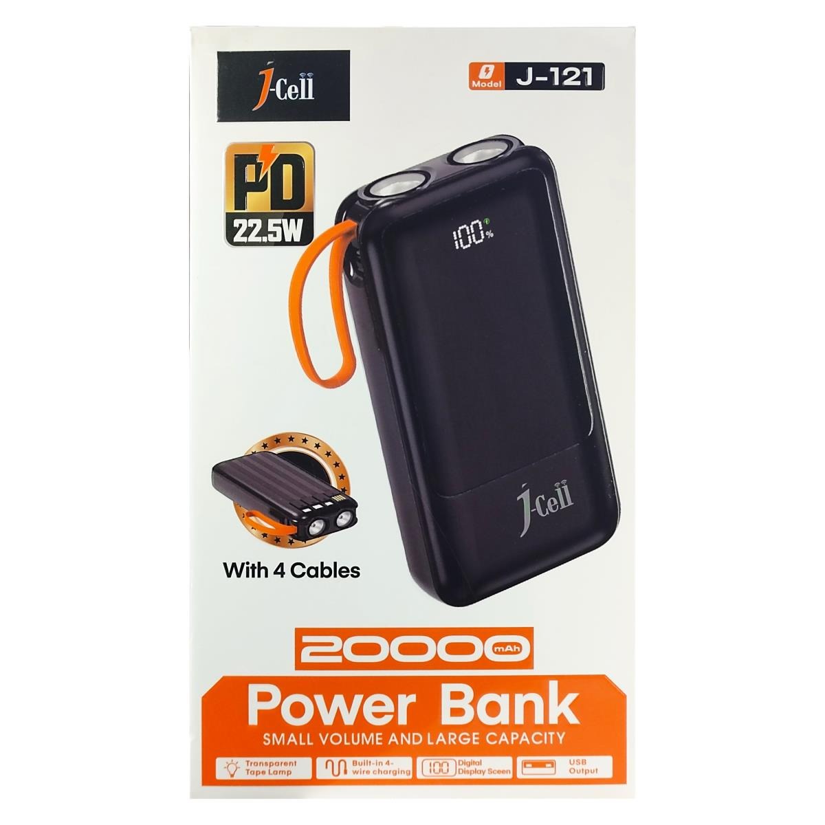 J-Cell J-121 20000mAh Power Bank – 22.5W PD Fast Charging with 4 Built-in Cables & Digital Display