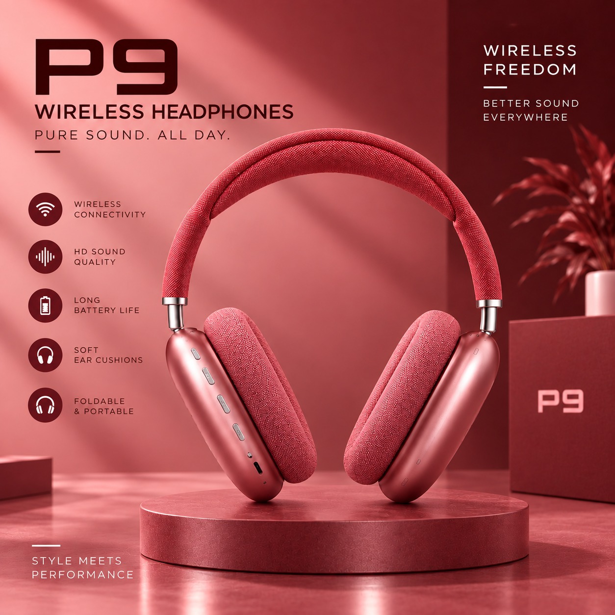 P9 Wireless Bluetooth Over-Ear Headphones – HD Sound, Soft Ear Cushions, Foldable Design (Black, Red, Blue)