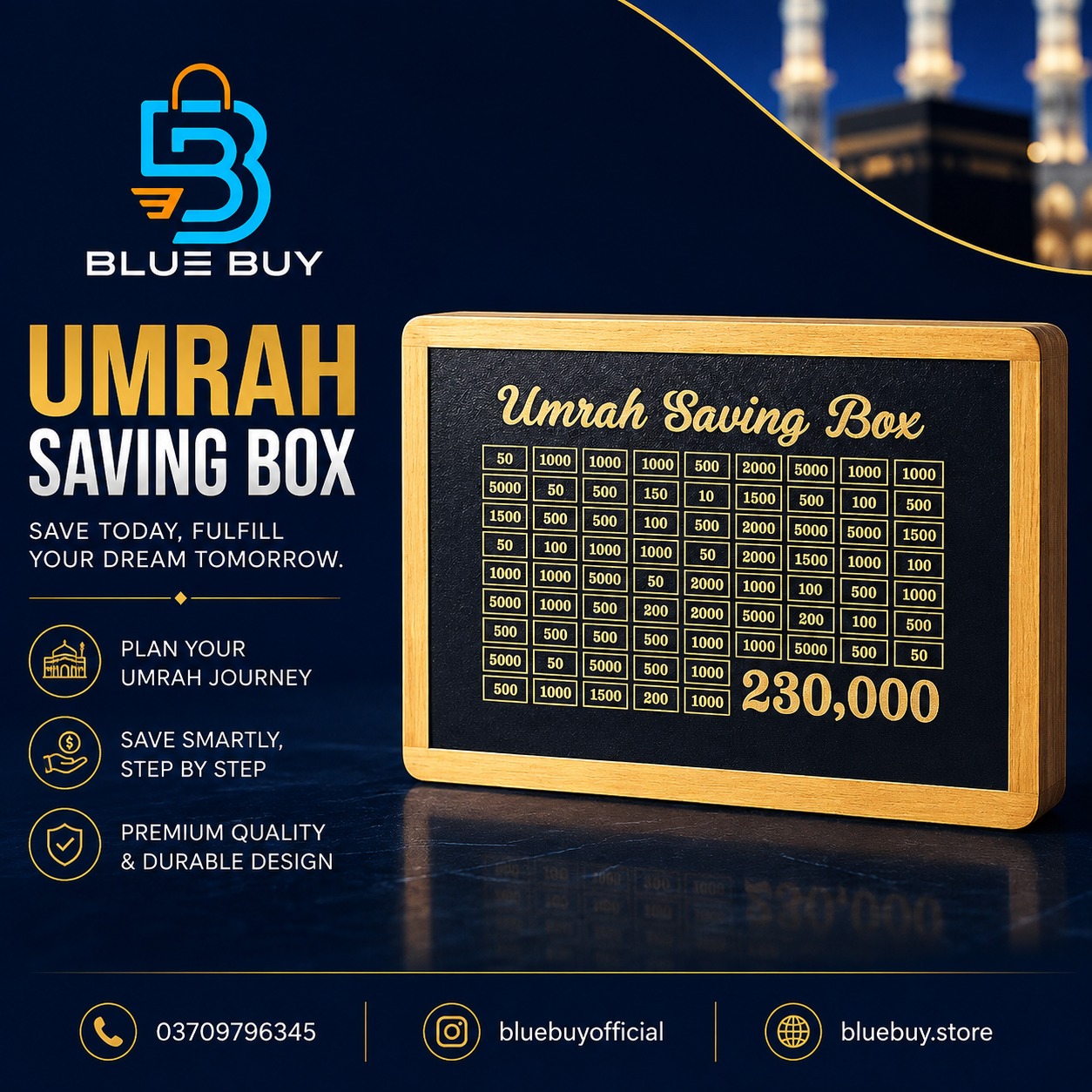 Umrah Saving Box – Wooden Money Box with Rs. 230,000 Savings Challenge Chart