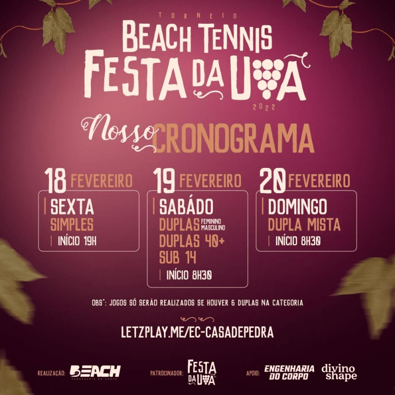 Informações do Torneio TORNEIO VÔLEI DE PRAIA - FESTA DA UVA 2022 - LetzPlay