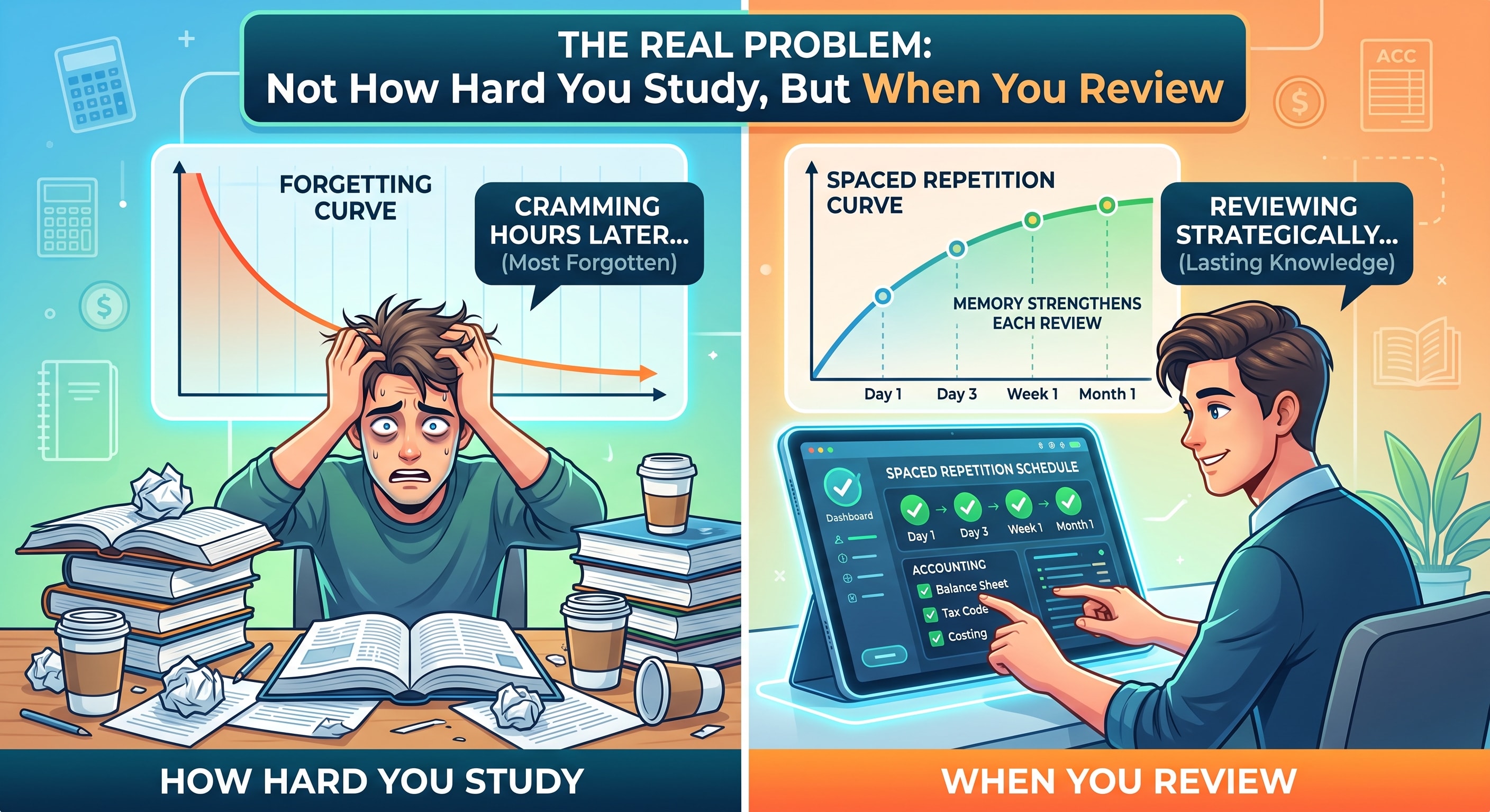Spaced repetition vs cramming: How strategic review timing improves memory retention.