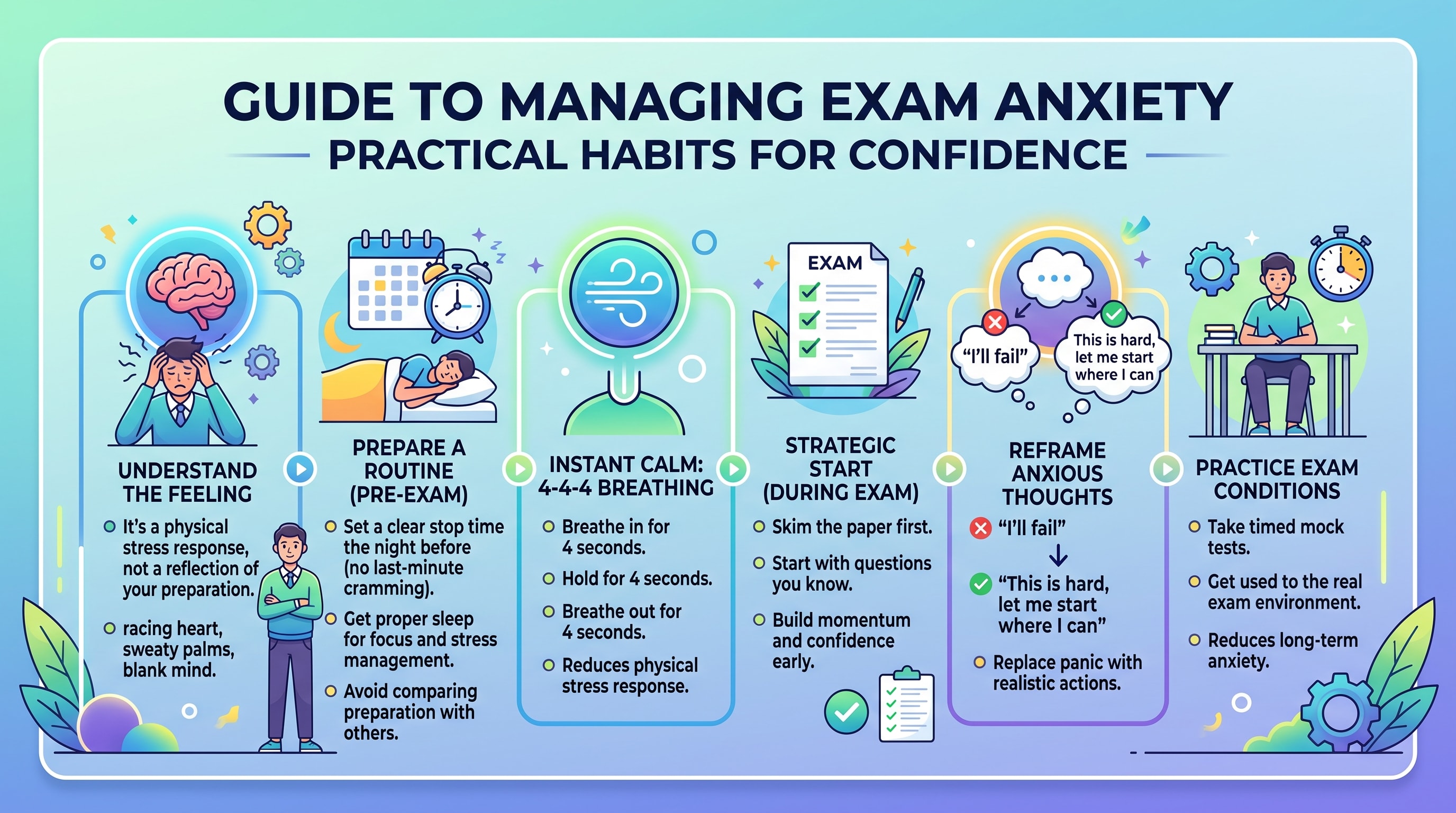 Infographic guide to managing exam anxiety with six practical steps for confidence