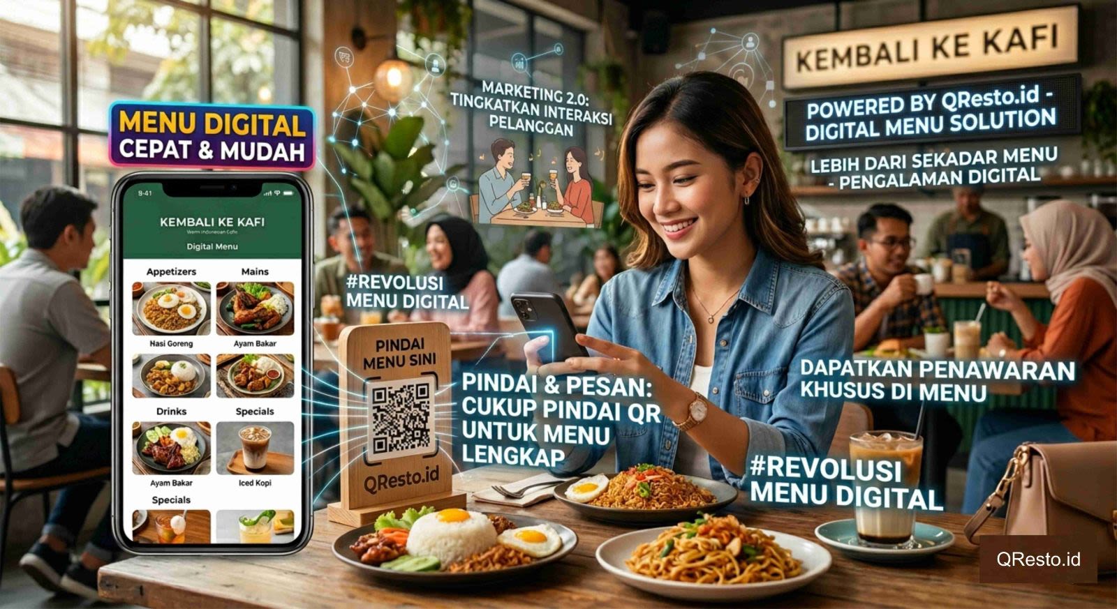 Pelanggan scan barcode meja dan membuka menu digital QResto