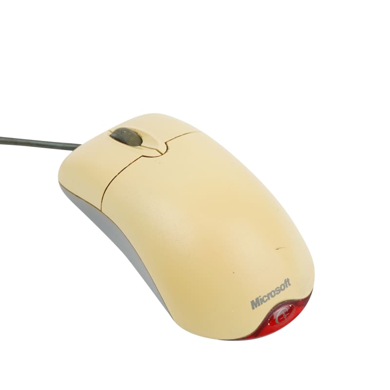 1990s beige Microsoft mouse with wheel & red LED 