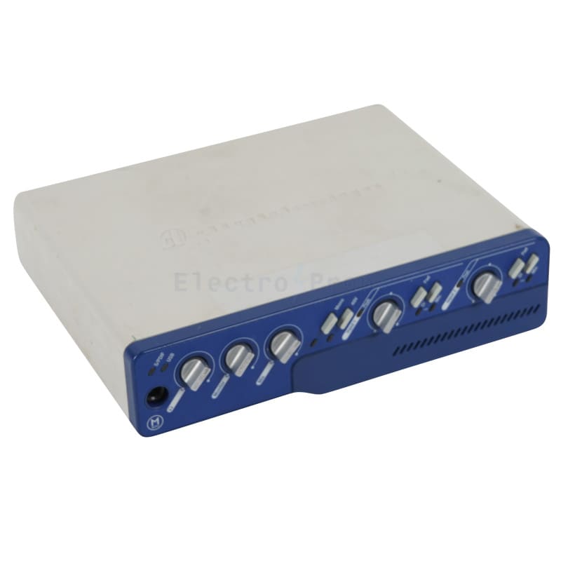 Audio digitising box in cobalt blue & light grey with knobs & connectors