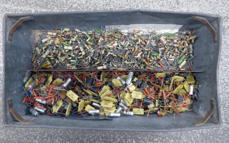 Unused vintage electronic components, carbon composition resistors, capacitors, coils etc