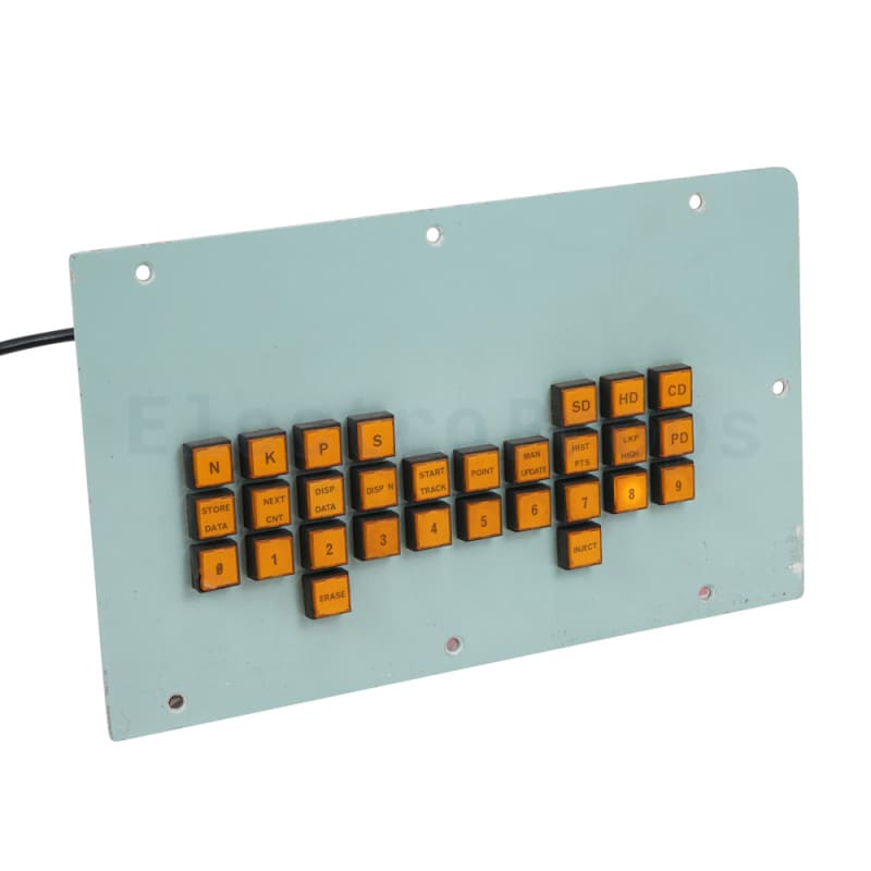 Practical British navy control panel with illuminated orange square buttons.