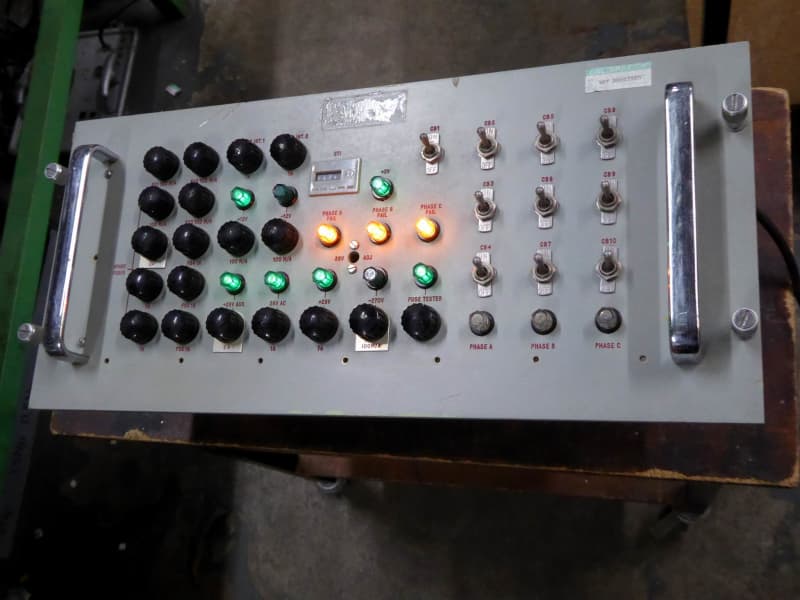 Practical rack mounting military look panel with coloured lamps, switches, knobs