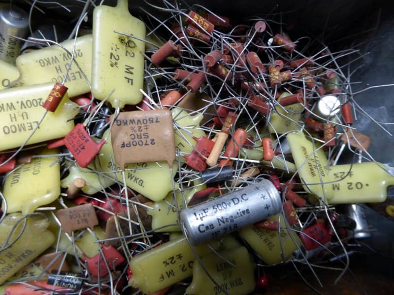 Unused vintage electronic components, carbon composition resistors, capacitors, coils etc