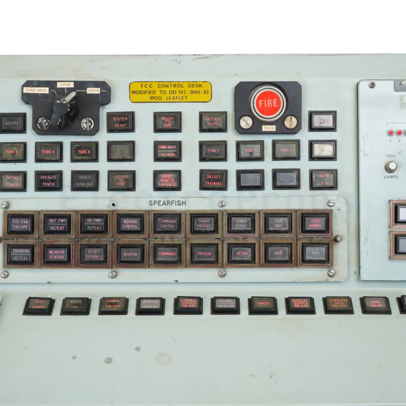 Practical admiralty blue military/navy weapons control console with red backlit text buttons