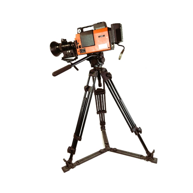 Large professional orange TV camera on professional tripod