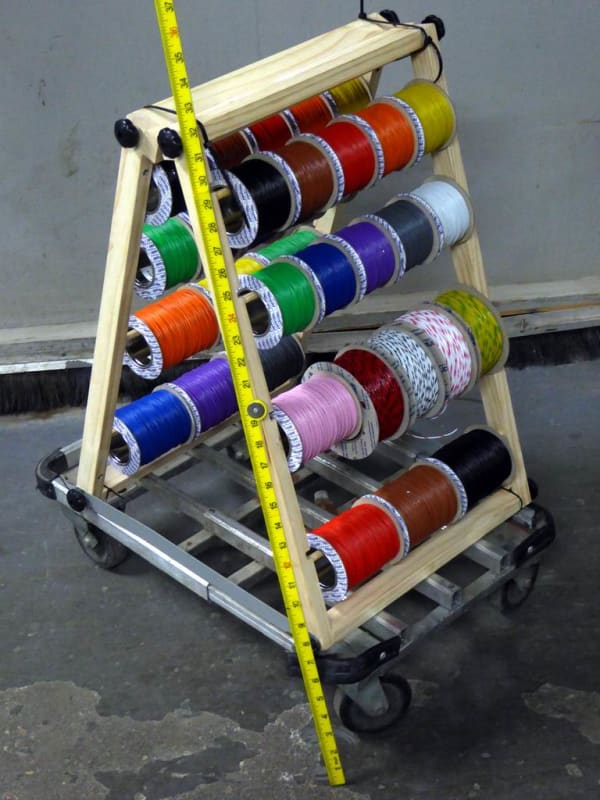 Workshop wire/cable spool/reel organiser on trolley