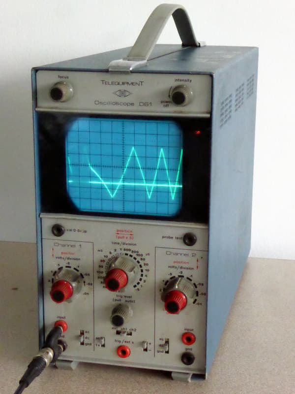 Practical 1980s upright Telequipment oscilloscope in blue & silver