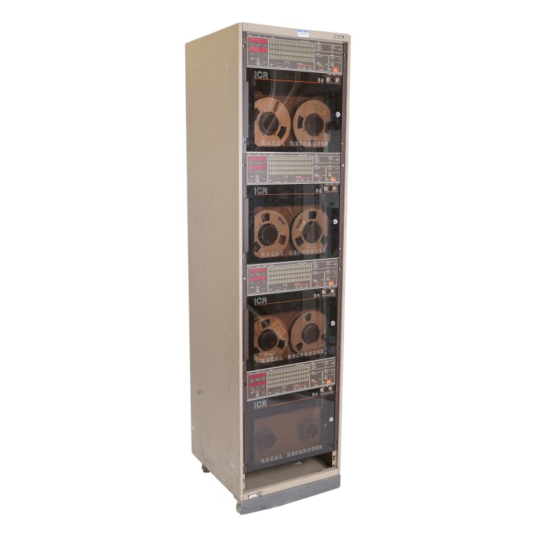 Partly practical smoked glass rack with quad reel to reel tape spools & multiple LEDs