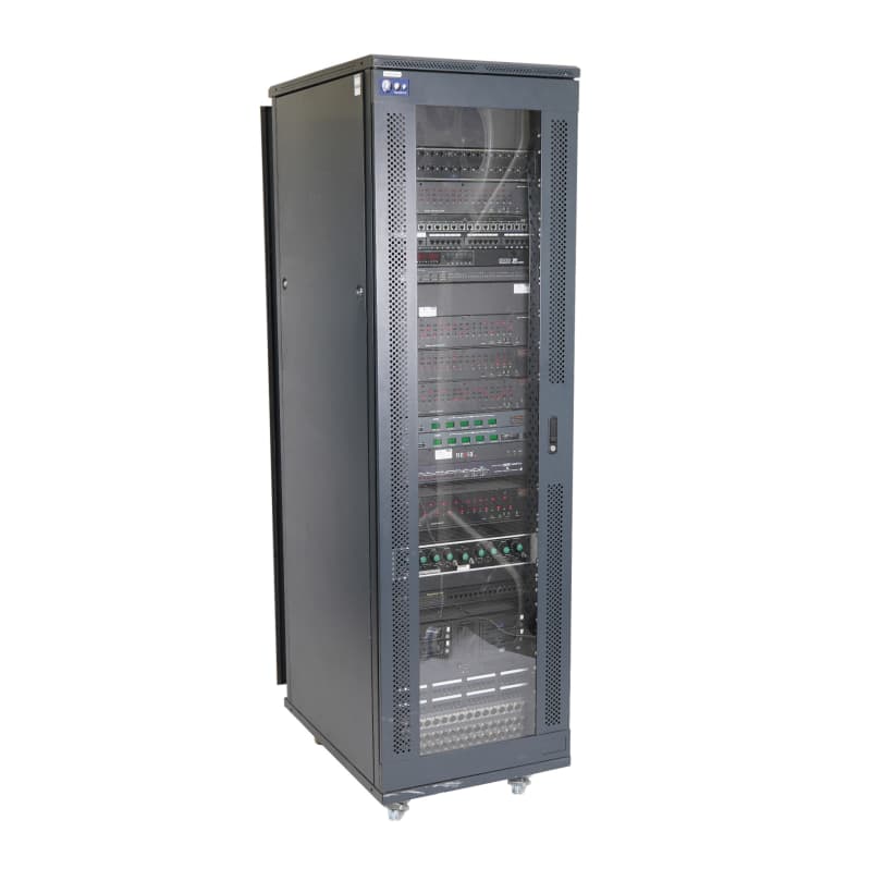 Tall black practical server rack with smoked glass front.