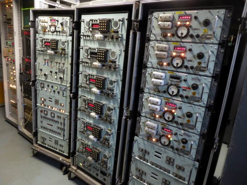 Navy/military control panels mounted in ruggedised, wheeled racks