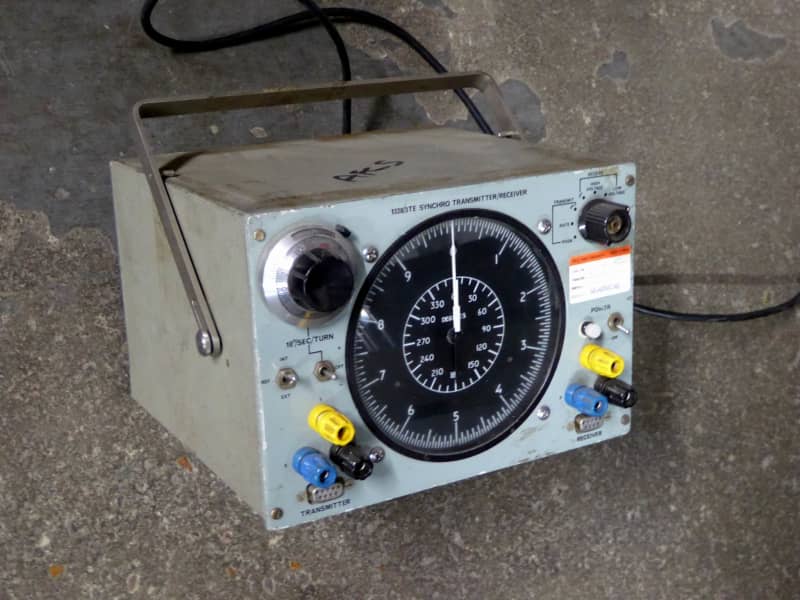 Navy look synchro test box with huge circular dial, knobs & coloured terminals