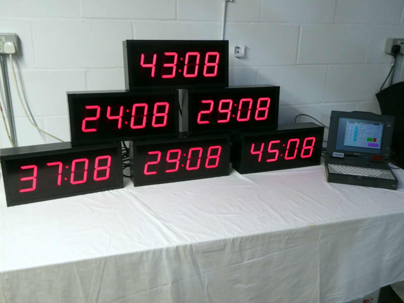 Practical 4 digit time-zone clocks set + laptop controller, easily GROUP cueable & resettable. READ DESCRIPTION