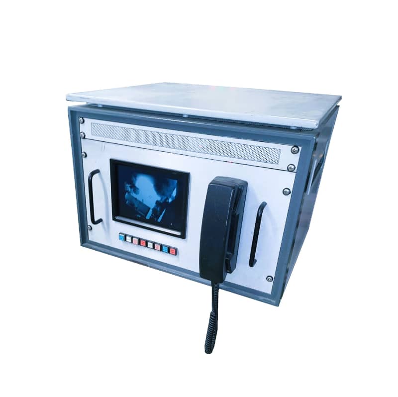 Practical desktop cabinet with video display, buttons & telephone handset