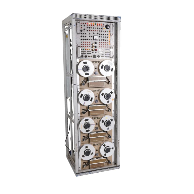 Practical electronics server rack with retro panel & 4 reel to reel tape drives