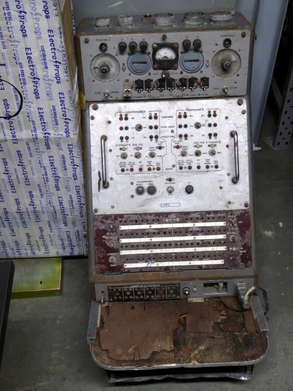 Cold war era control console with analogue meter, multiple switches & patch panel