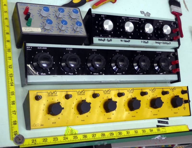 Selection of electronics laboratory decade resistance & capacitance boxes with bold knobs