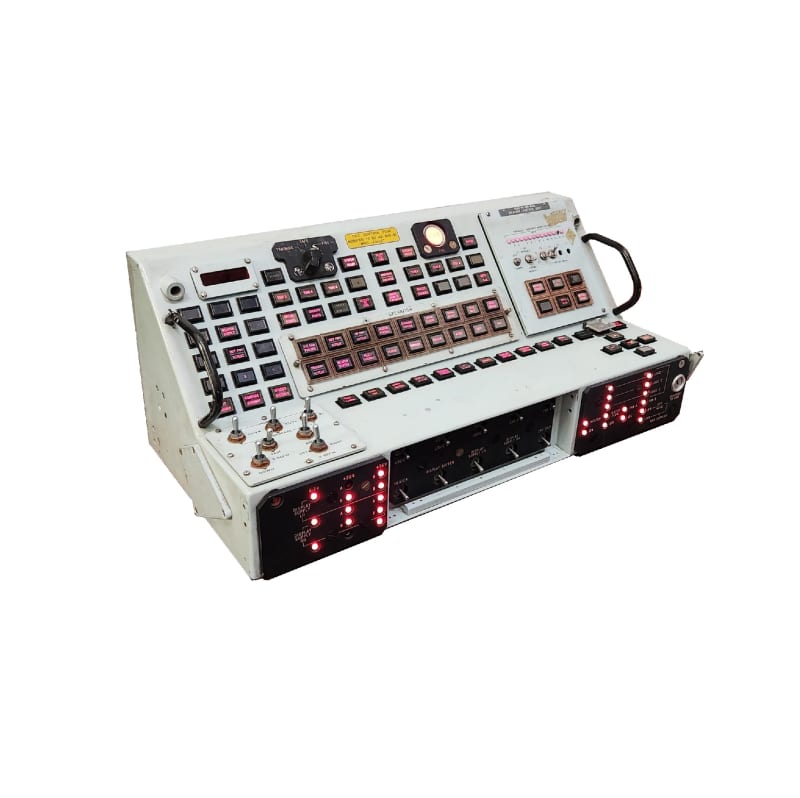 Practical admiralty blue military/navy weapons control console with red backlit text buttons