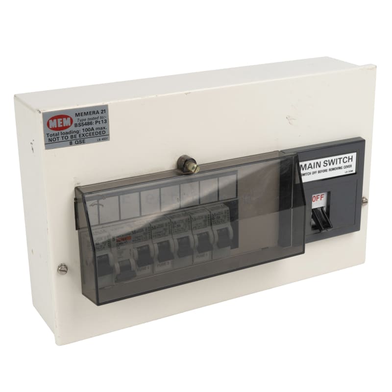 Modern domestic electrical consumer unit (fusebox) with 7x miniature circuit breakers & smoked cover