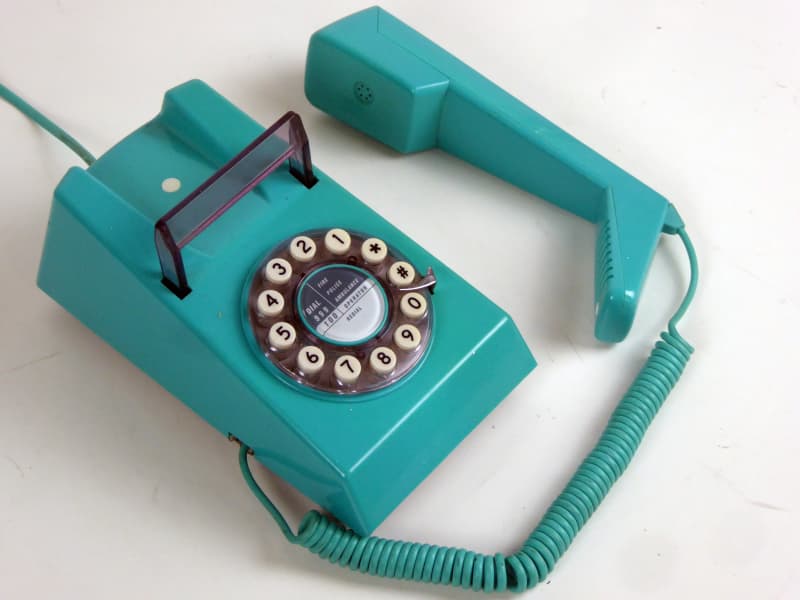 Reproduction 1960s turquoise GPO trimphone with simulated dial