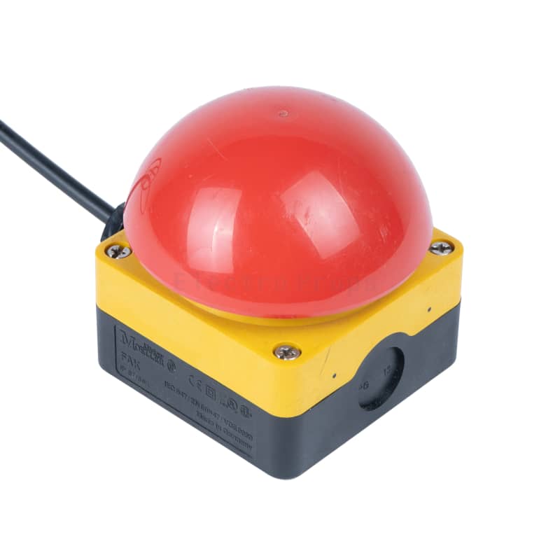 Red and yellow mushroom button/switches. Alarm, emergency shut down, quiz show, escape room 