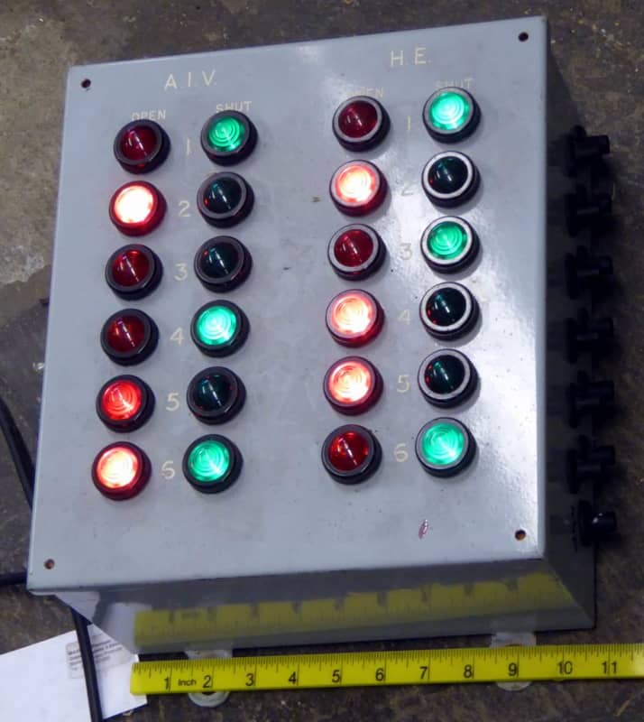 Practical navy electrical box with multiple bold red & green lamps