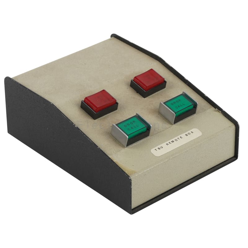 Red & green buttons on small sloping front desktop box